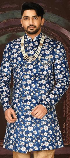 Party Wear Blue color Kurta in Imported fabric with Broches, Floral, Printed work : 1889746