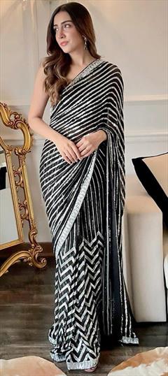 Party Wear, Reception Black and Grey color Saree in Georgette fabric with Classic Sequence, Thread work : 1889794