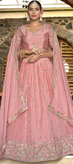 Party Wear, Reception Pink and Majenta color Lehenga in Crushed Silk fabric with Flared Sequence, Thread work : 1889858