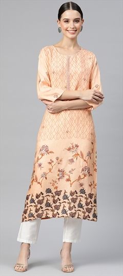 Summer Beige and Brown color Kurti in Viscose fabric with Long Sleeve, Straight Floral, Printed work : 1889881