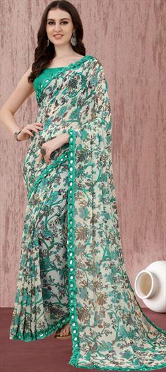 Casual Green color Saree in Georgette fabric with Classic Floral, Lace, Printed work : 1889938