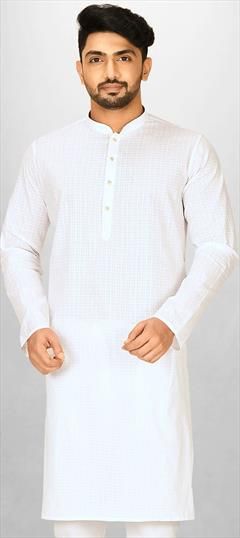Party Wear White and Off White color Kurta in Cotton fabric with Thread work : 1890019