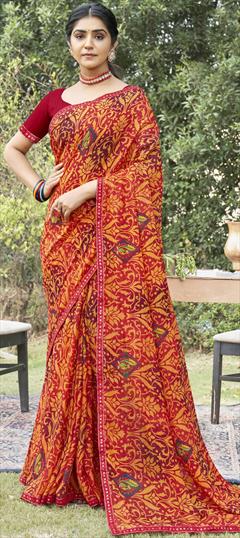 Casual Red and Maroon color Saree in Georgette fabric with Classic Lace, Printed work : 1890090