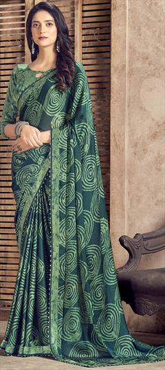 Party Wear Green color Saree in Georgette fabric with Classic Digital Print, Lace work : 1890128