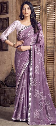 Party Wear Pink and Majenta color Saree in Georgette fabric with Classic Digital Print, Lace work : 1890131