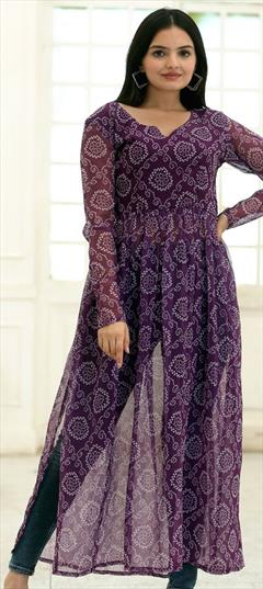Festive, Party Wear, Reception Purple and Violet color Kurti in Faux Georgette fabric with Long Sleeve, Straight Bandhej, Digital Print work : 1890137