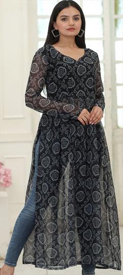 Festive, Party Wear, Reception Black and Grey color Kurti in Faux Georgette fabric with Long Sleeve, Straight Bandhej, Digital Print work : 1890140