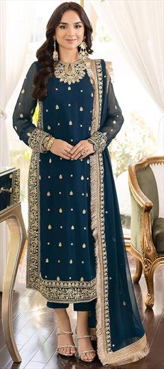 Mehendi Sangeet, Party Wear, Reception Blue color Salwar Kameez in Georgette fabric with Straight Embroidered, Thread, Zari work : 1890148
