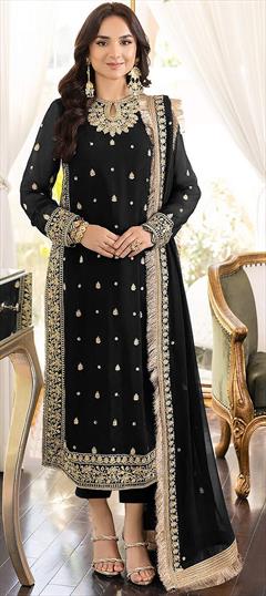 Mehendi Sangeet, Party Wear, Reception Black and Grey color Salwar Kameez in Georgette fabric with Straight Embroidered, Thread, Zari work : 1890153
