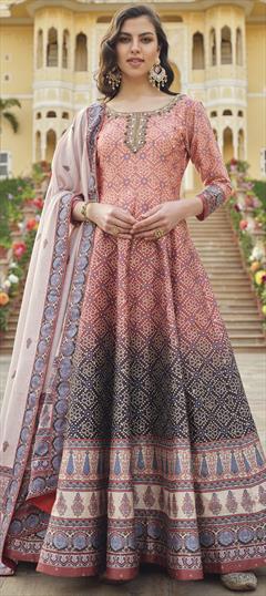 Party Wear Pink and Majenta color Gown in Silk fabric with Bandhej, Cut Dana, Digital Print, Mirror, Sequence work : 1890261
