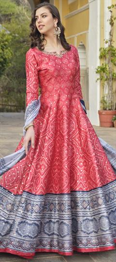 Party Wear Pink and Majenta color Gown in Silk fabric with Bandhej, Cut Dana, Digital Print, Mirror, Sequence work : 1890263