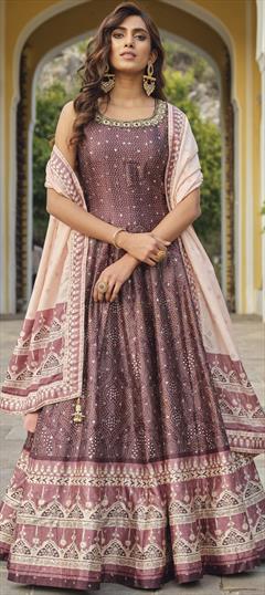 Party Wear Purple and Violet color Gown in Silk fabric with Bandhej, Cut Dana, Digital Print, Mirror, Sequence work : 1890264