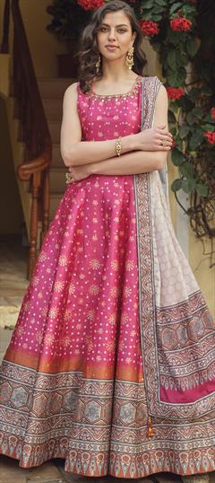 Party Wear Pink and Majenta color Gown in Silk fabric with Bandhej, Cut Dana, Digital Print, Mirror, Sequence work : 1890265