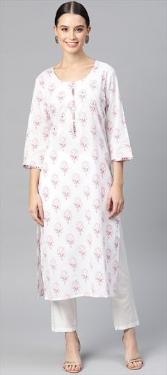 Casual, Summer Pink and Majenta, White and Off White color Kurti in Cotton fabric with Long Sleeve, Straight Printed, Resham, Thread work : 1890317
