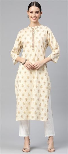 Casual, Summer Beige and Brown color Kurti in Cotton fabric with Straight Printed, Resham, Thread work : 1890320