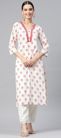 Casual, Summer White and Off White color Kurti in Cotton fabric with Long Sleeve, Straight Floral, Printed, Resham, Thread work : 1890330