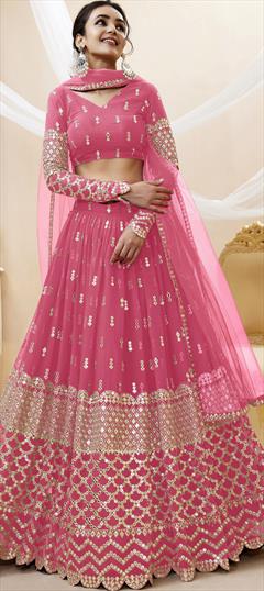 Bridal, Wedding Pink and Majenta color Lehenga in Georgette fabric with Flared Embroidered, Sequence, Zari work : 1890332