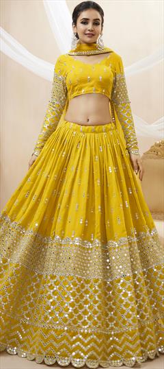 Bridal, Wedding Yellow color Lehenga in Georgette fabric with Flared Embroidered, Sequence, Zari work : 1890339