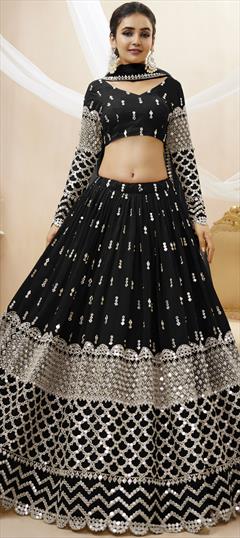 Bridal, Wedding Black and Grey color Lehenga in Georgette fabric with Flared Embroidered, Sequence, Zari work : 1890346
