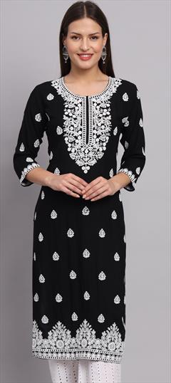 Casual Black and Grey color Kurti in Rayon fabric with Long Sleeve, Straight Embroidered, Resham, Thread work : 1890354