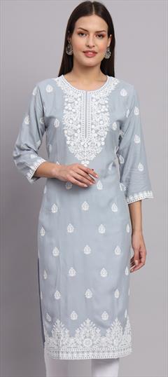 Casual Black and Grey color Kurti in Rayon fabric with Long Sleeve, Straight Embroidered, Resham, Thread work : 1890358