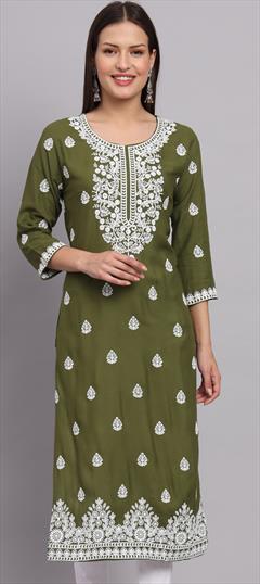 Casual Green color Kurti in Rayon fabric with Long Sleeve, Straight Embroidered, Resham, Thread work : 1890359