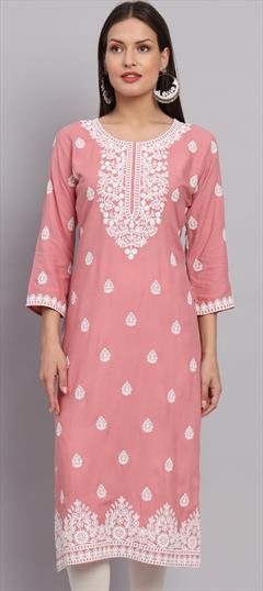 Casual Pink and Majenta color Kurti in Rayon fabric with Long Sleeve, Straight Embroidered, Resham, Thread work : 1890363