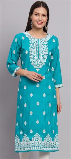 Casual Blue color Kurti in Rayon fabric with Long Sleeve, Straight Embroidered, Resham, Thread work : 1890364
