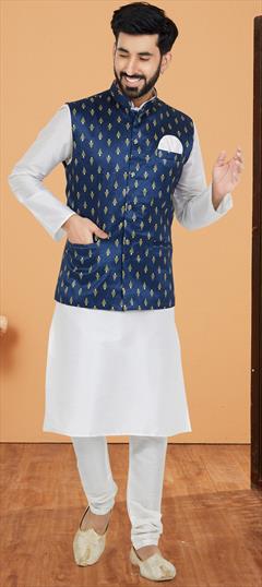 Party Wear White and Off White color Kurta Pyjama with Jacket in Dupion Silk fabric with Zari work : 1890366