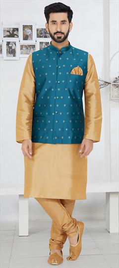 Party Wear Beige and Brown color Kurta Pyjama with Jacket in Dupion Silk fabric with Zari work : 1890368