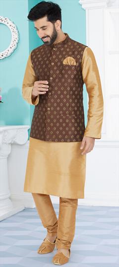 Party Wear Beige and Brown color Kurta Pyjama with Jacket in Dupion Silk fabric with Zari work : 1890370