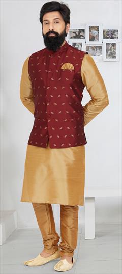 Party Wear Beige and Brown color Kurta Pyjama with Jacket in Dupion Silk fabric with Zari work : 1890373