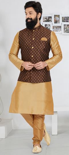 Party Wear Beige and Brown color Kurta Pyjama with Jacket in Dupion Silk fabric with Zari work : 1890375