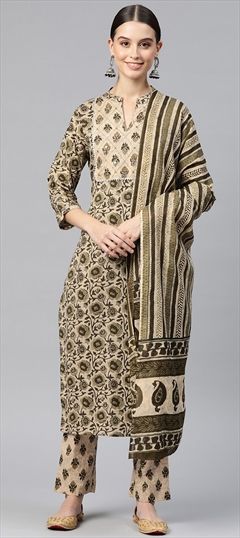 Party Wear, Summer Beige and Brown, Green color Salwar Kameez in Cotton fabric with Straight Printed, Resham, Thread work : 1890382