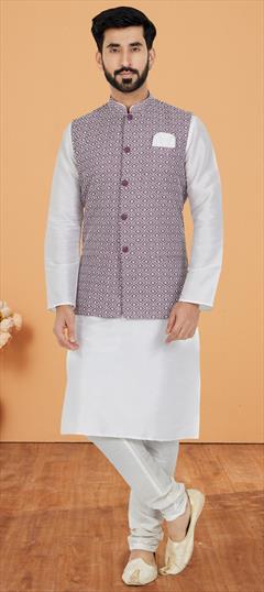 Party Wear White and Off White color Kurta Pyjama with Jacket in Banarasi Silk fabric with Sequence work : 1890515