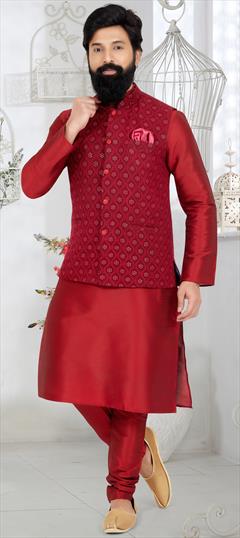 Party Wear Red and Maroon color Kurta Pyjama with Jacket in Banarasi Silk fabric with Sequence work : 1890516
