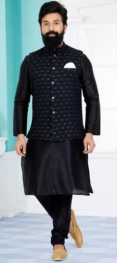 Party Wear Black and Grey color Kurta Pyjama with Jacket in Banarasi Silk fabric with Sequence work : 1890517