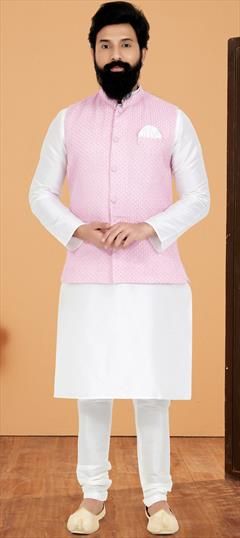 Party Wear White and Off White color Kurta Pyjama with Jacket in Banarasi Silk fabric with Sequence work : 1890518