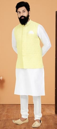 Party Wear White and Off White color Kurta Pyjama with Jacket in Banarasi Silk fabric with Sequence work : 1890519