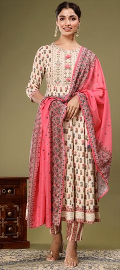 Party Wear, Reception Beige and Brown, Pink and Majenta color Salwar Kameez in Rayon fabric with Anarkali Bugle Beads, Embroidered, Floral, Printed, Resham, Sequence, Thread work : 1890543