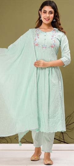 Party Wear, Reception Blue color Salwar Kameez in Cotton fabric with Anarkali Embroidered, Mirror, Resham, Thread work : 1890549