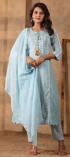 Party Wear, Reception Blue color Salwar Kameez in Cotton fabric with Straight Embroidered, Resham, Thread, Zari work : 1890556