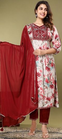 Party Wear, Reception Beige and Brown, Red and Maroon color Salwar Kameez in Muslin fabric with A Line Embroidered, Floral, Printed, Resham, Thread work : 1890560