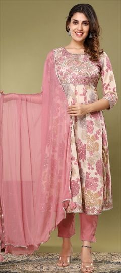 Party Wear, Reception Beige and Brown, Pink and Majenta color Salwar Kameez in Cotton fabric with Anarkali Embroidered, Floral, Printed, Resham, Thread, Zari work : 1890593