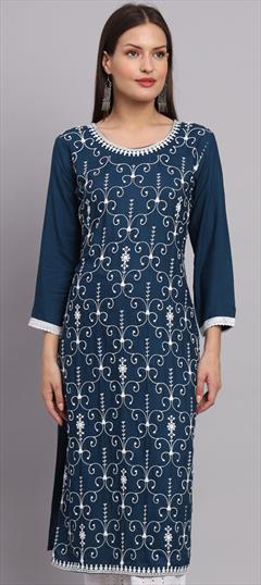 Casual Blue color Kurti in Rayon fabric with Long Sleeve, Straight Embroidered, Sequence, Thread work : 1890647