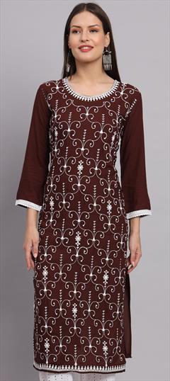 Casual Beige and Brown color Kurti in Rayon fabric with Long Sleeve, Straight Embroidered, Sequence, Thread work : 1890649
