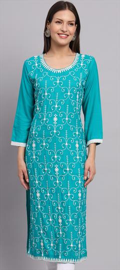 Casual Blue color Kurti in Rayon fabric with Long Sleeve, Straight Embroidered, Sequence, Thread work : 1890650