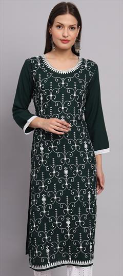 Casual Green color Kurti in Rayon fabric with Long Sleeve, Straight Embroidered, Sequence, Thread work : 1890653