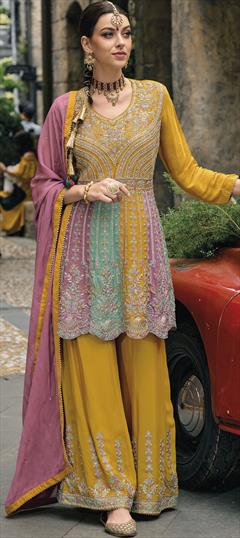 Party Wear, Reception Yellow color Salwar Kameez in Art Silk fabric with Palazzo Bugle Beads, Embroidered, Resham, Zari work : 1890663