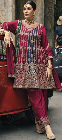 Party Wear, Reception Purple and Violet color Salwar Kameez in Art Silk fabric with A Line Bugle Beads, Embroidered, Resham, Zari work : 1890665